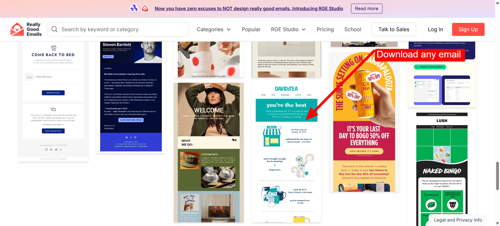 Really Good Emails page showing the Download Image button for an email design