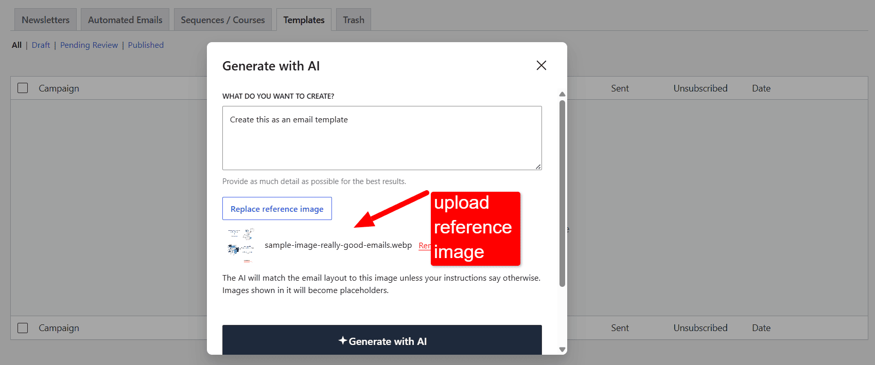 Noptin AI email creation wizard with a reference image uploaded