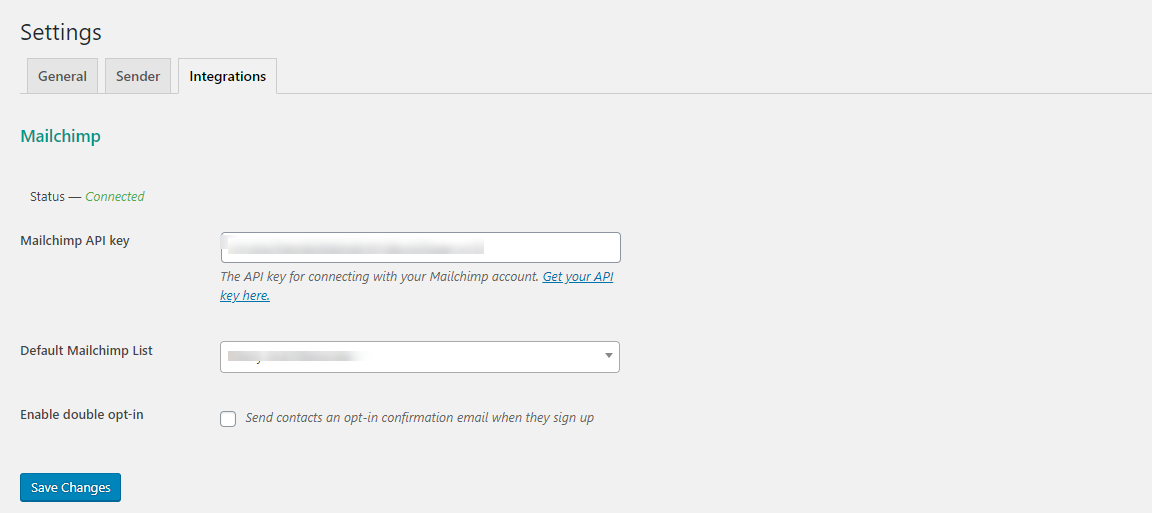 mailchimp integration settings page