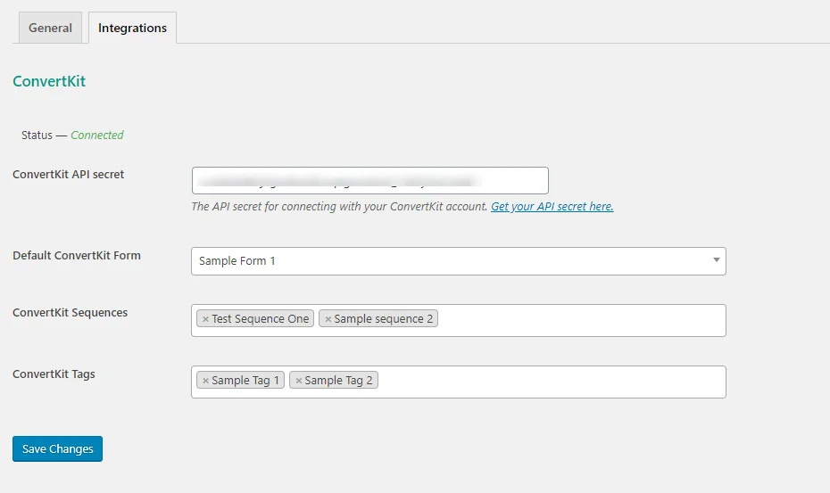 ConvertKit settings page