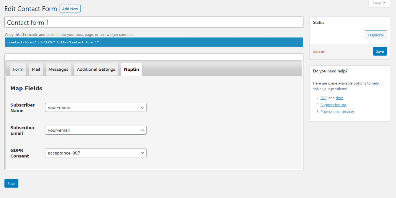 noptin and contact form 7 integration