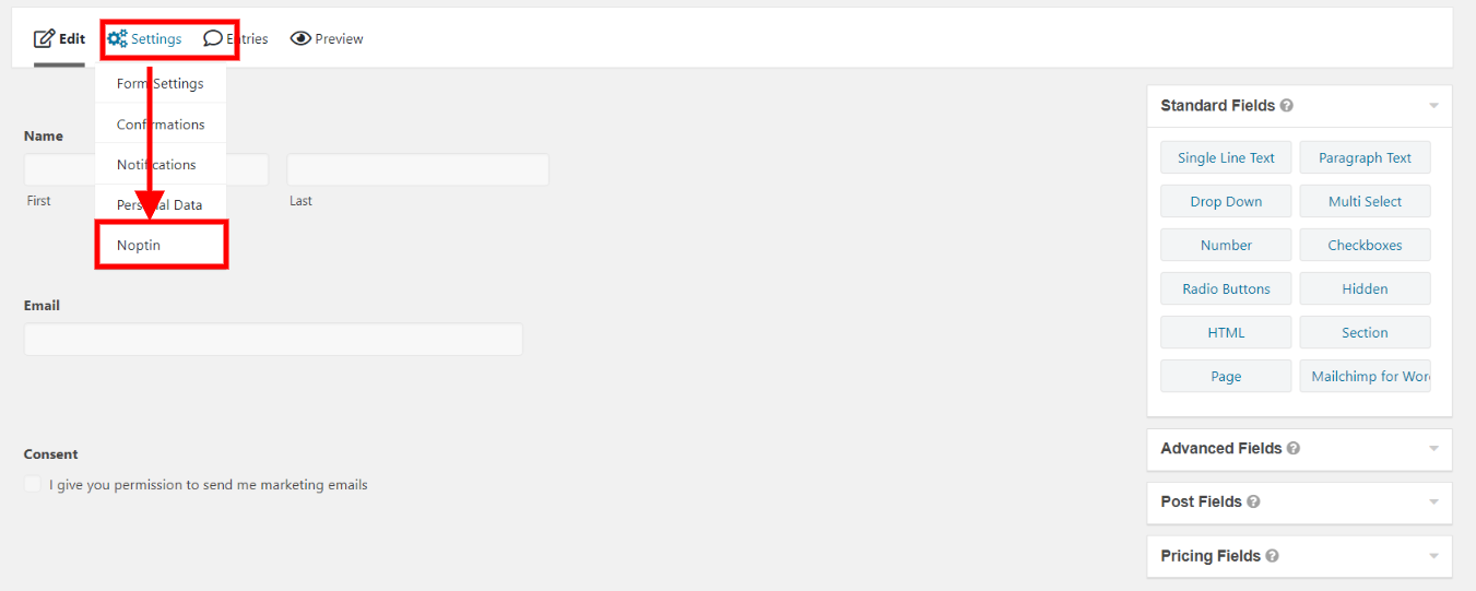 Open Noptin gravity forms settings
