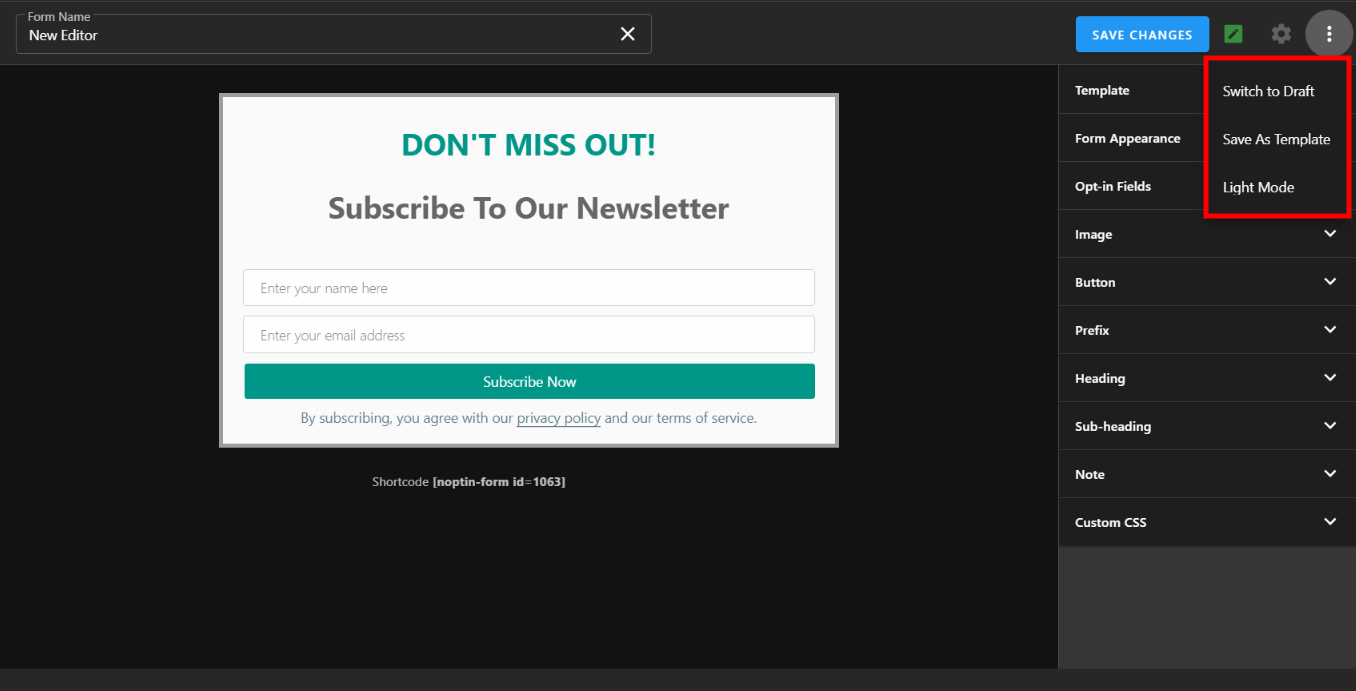 subscription form editor in dark mode