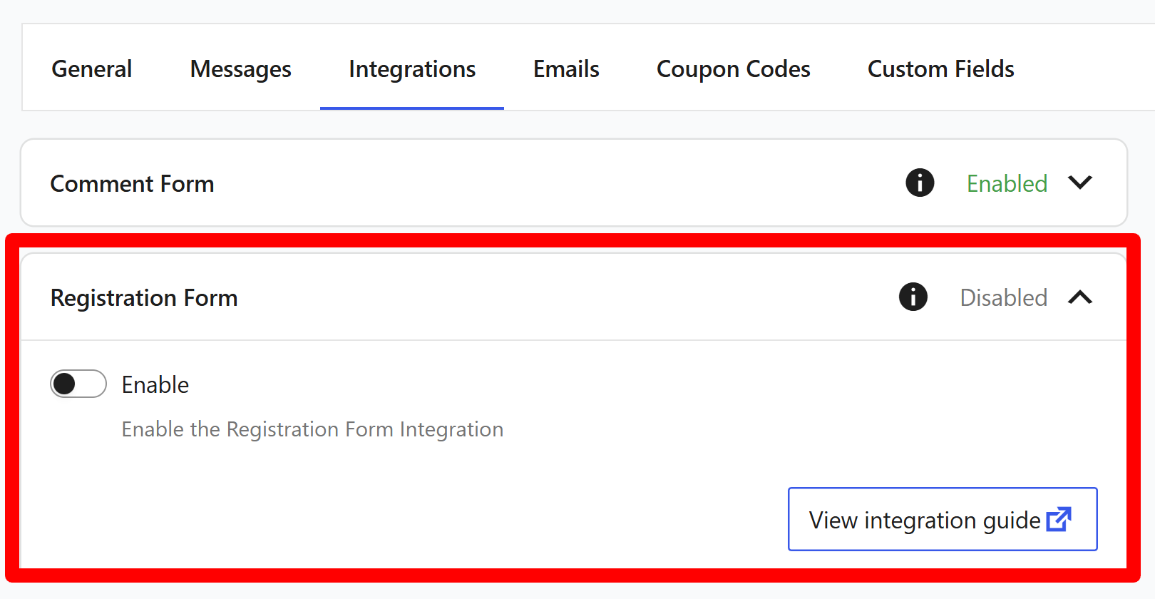 Registration form integration