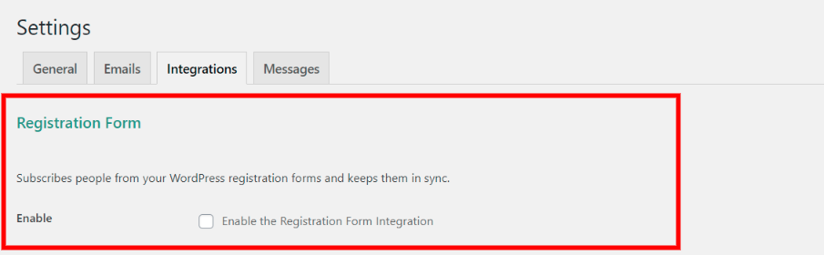 registration form integration settings