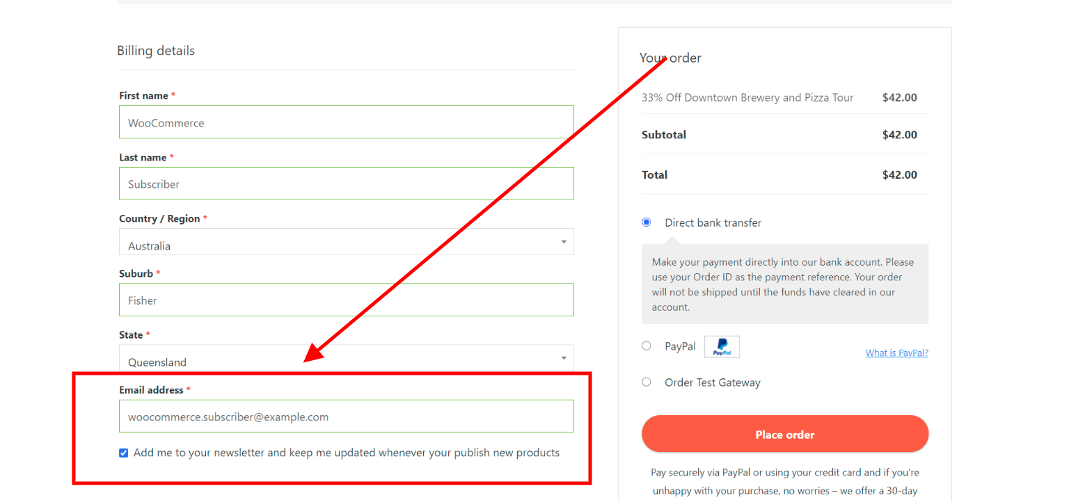 sample woocommerce newsletter subscription checkbox on checkout page