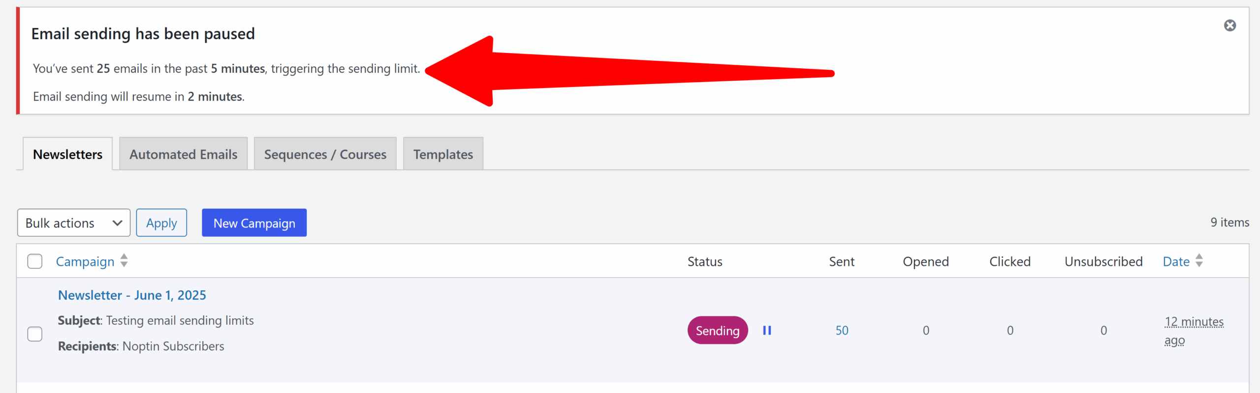Email sending limit reached