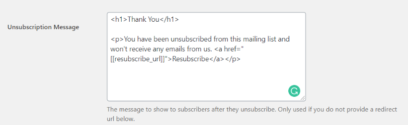 change newsletter unsubscription message