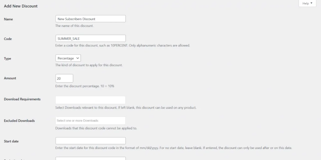 creating an edd discount code