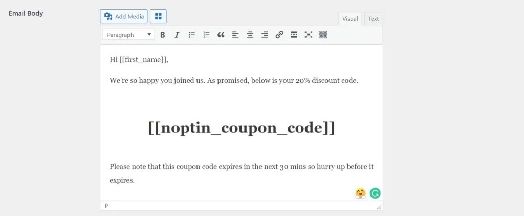 Noptin new subscriber discount email content