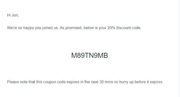 sample new subscriber discount code email