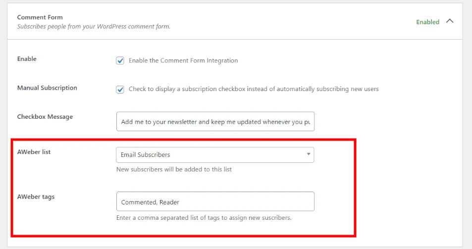 AWeber for WordPress comment form integration