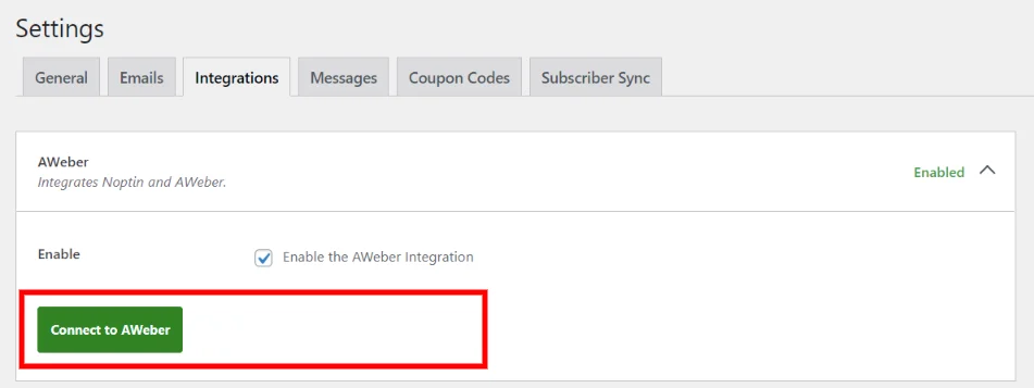 AWeber For WordPress connect button