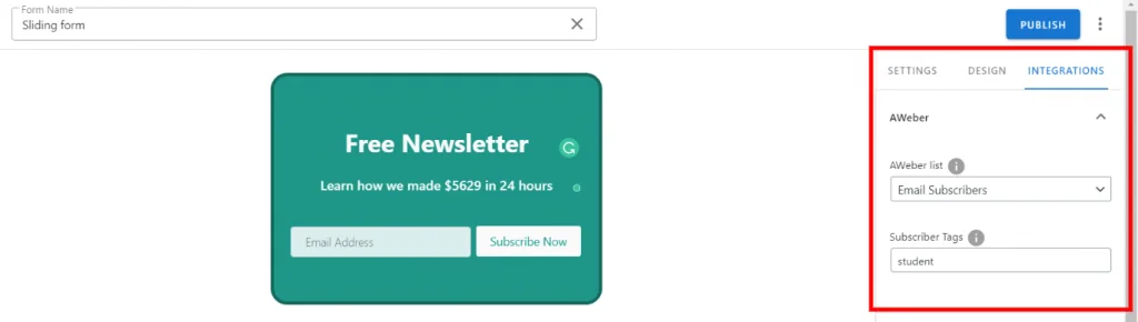 Noptin Forms editor AWeber integration