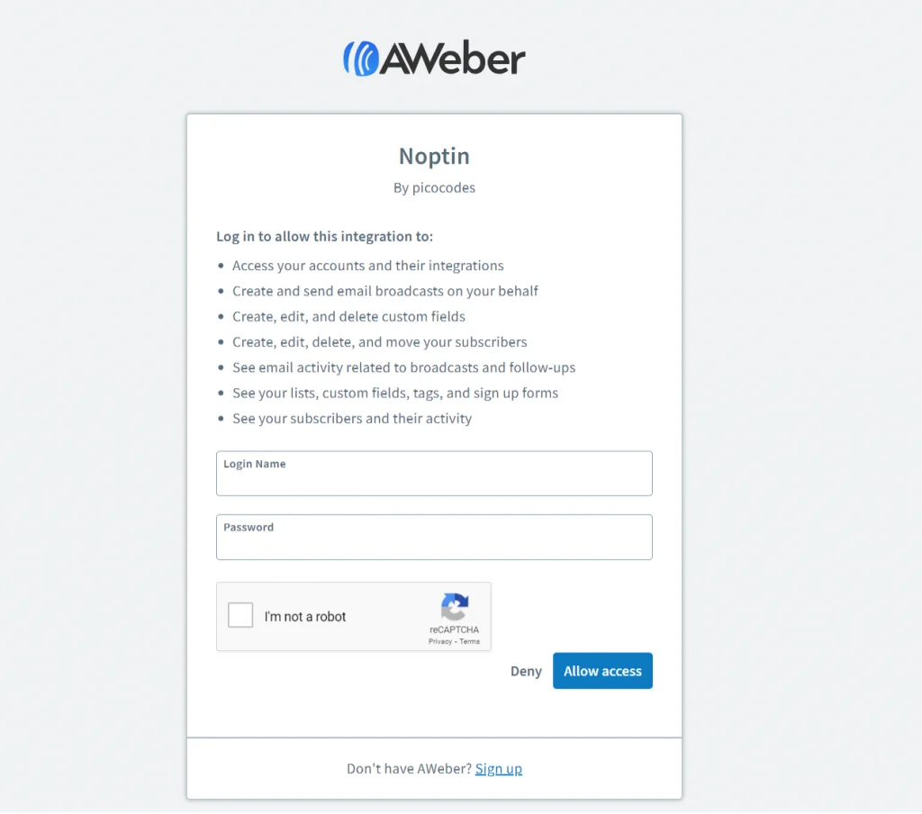 Noptin AWeber oauth grant permissions screen