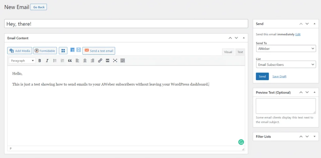 AWeber for WordPress send email