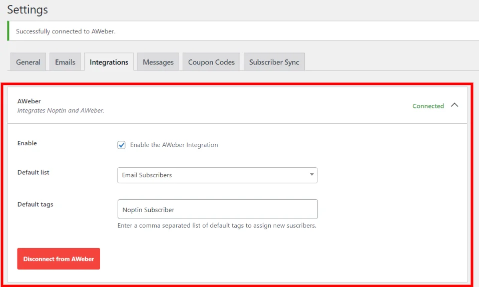 AWeber for WordPress settings panel