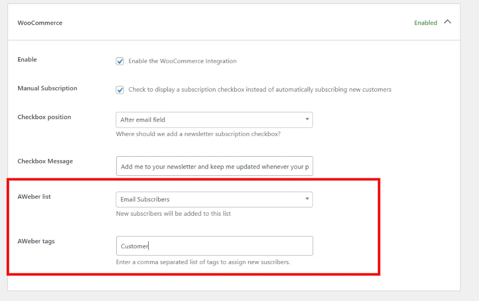 AWeber for WordPress WooCommerce checkout