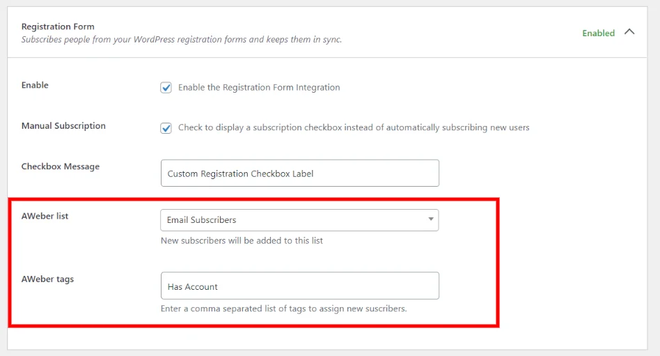 AWeber for WordPress user registration form integration