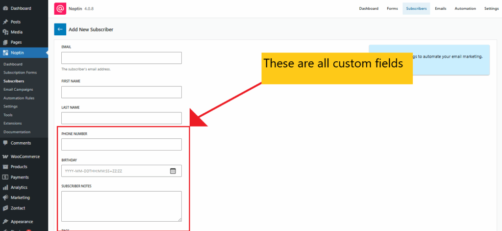 noptin sample custom fields