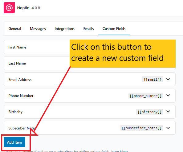 Noptin create custom field item