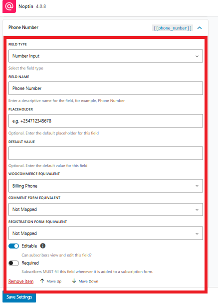 Edit Noptin Custom fields Item