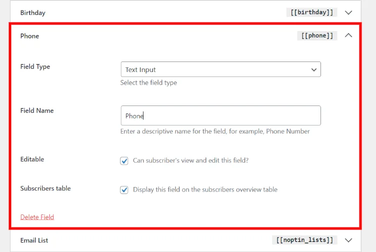 Noptin custom field edit