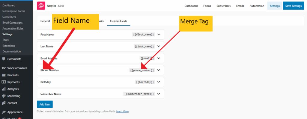 Noptin custom field settings
