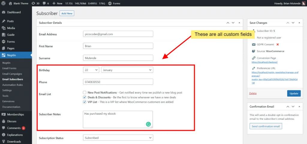 noptin sample custom fields
