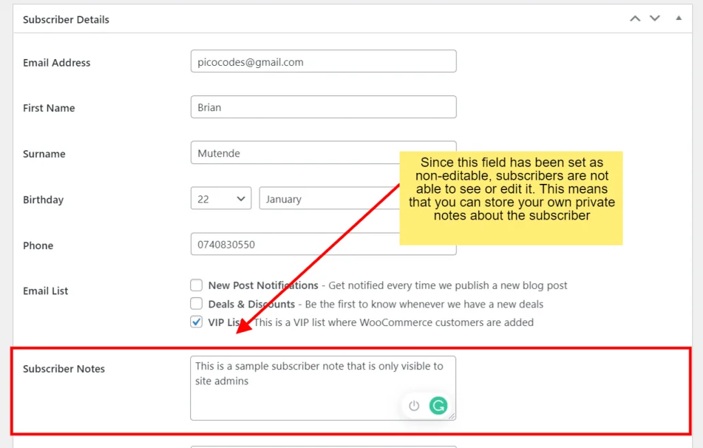 noptin subscriber notes custom field