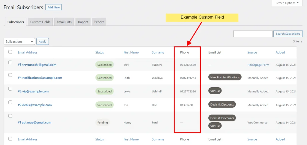 noptin subscribers table example custom field