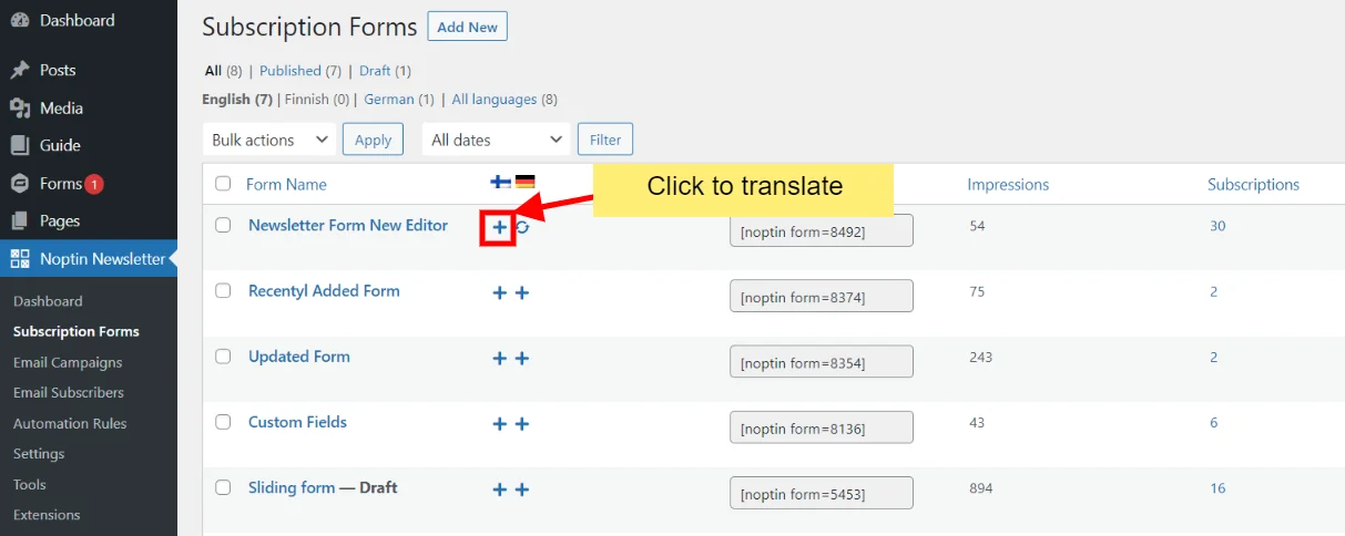 translate newsletter form wpml
