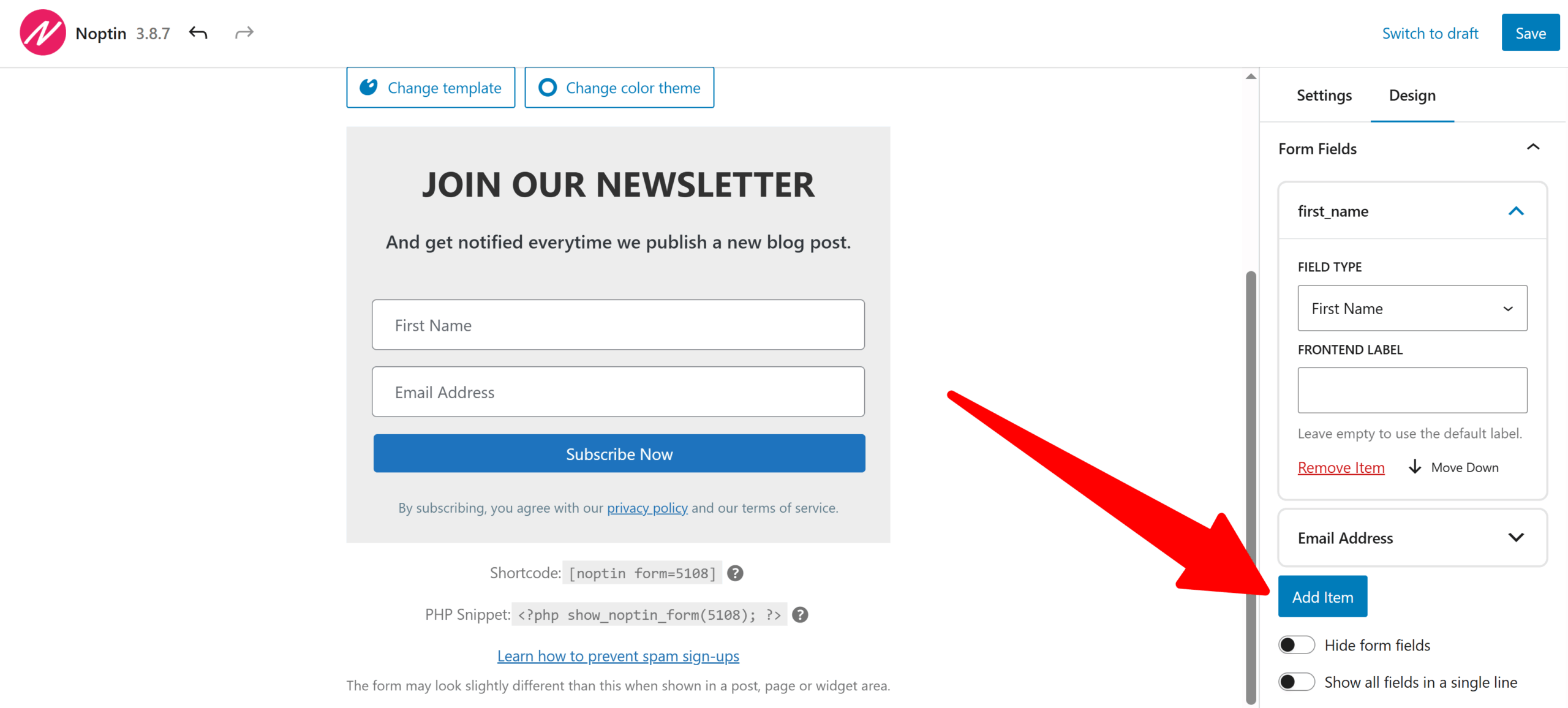 Manage newsletter subscription form fields