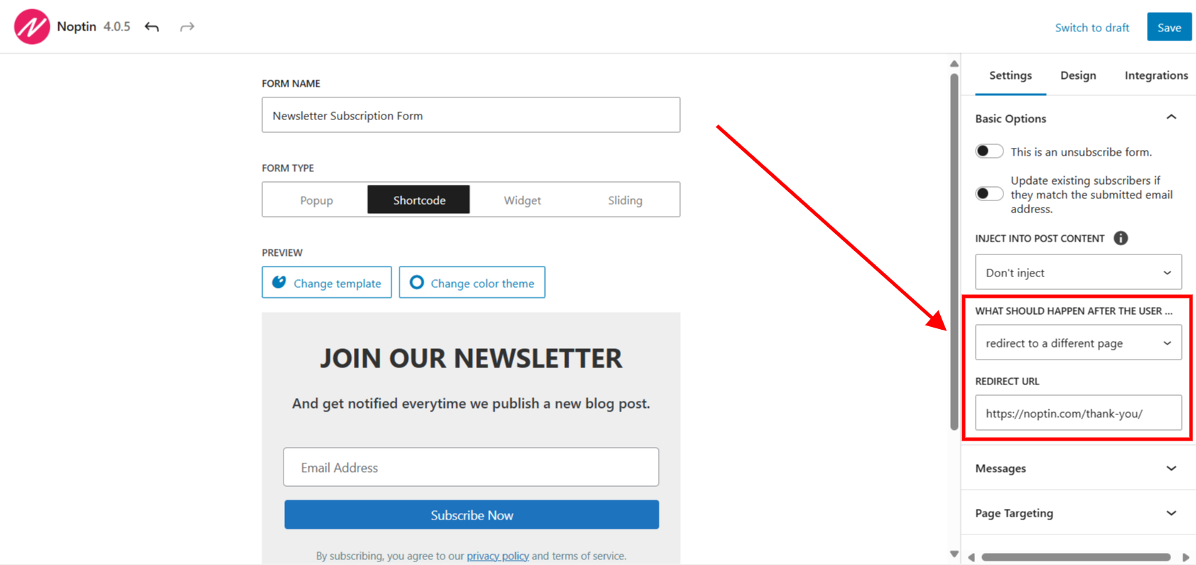 Redirect users after they subscribe to your newsletter