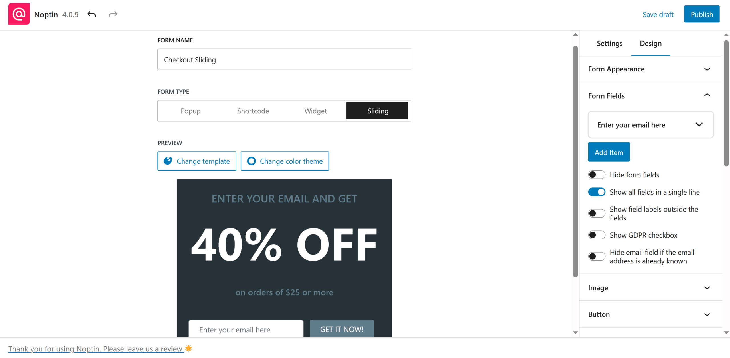 Noptin sliding form editor