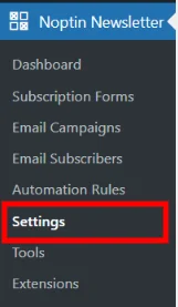 open noptin settings page