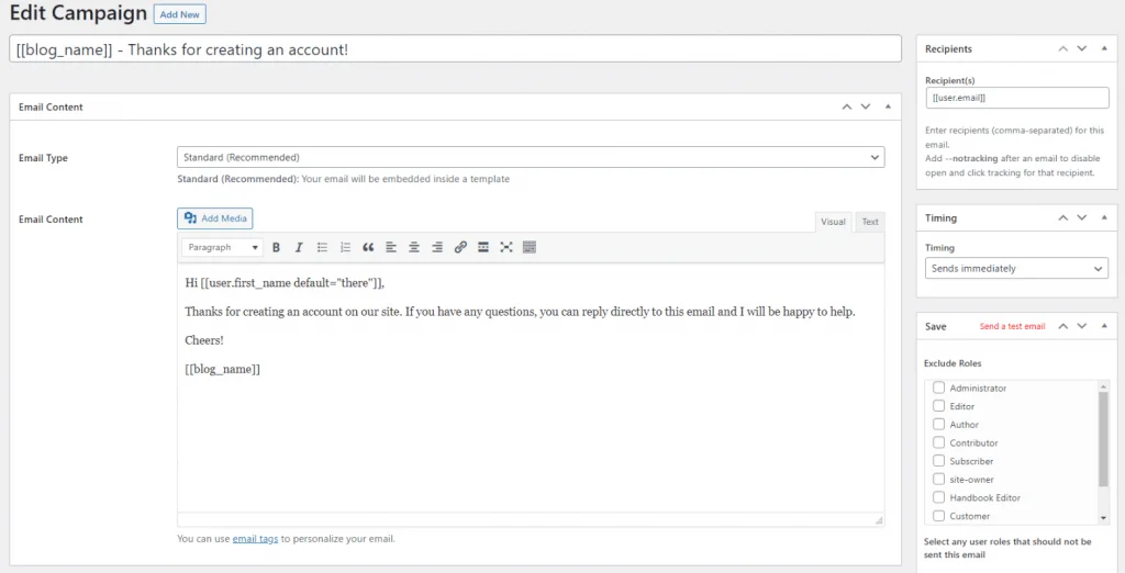 edit noptin new user email