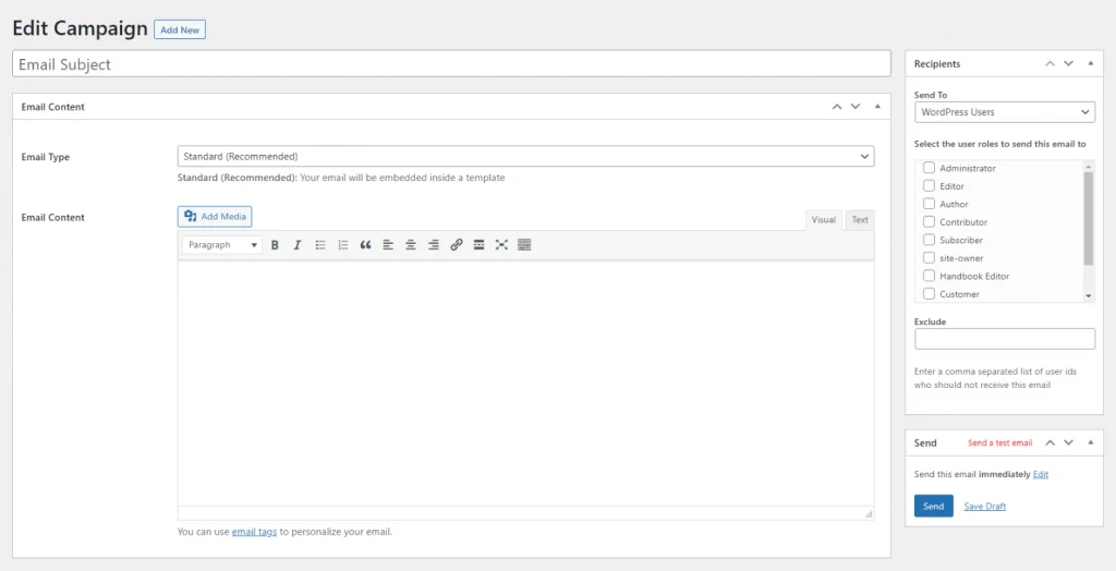 editing a wordpress users newsletter campaign