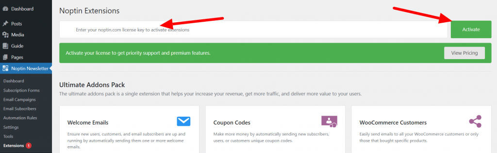 Activating your noptin.com license key