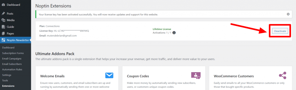 Screenshot showing how to deactivate noptin license keys