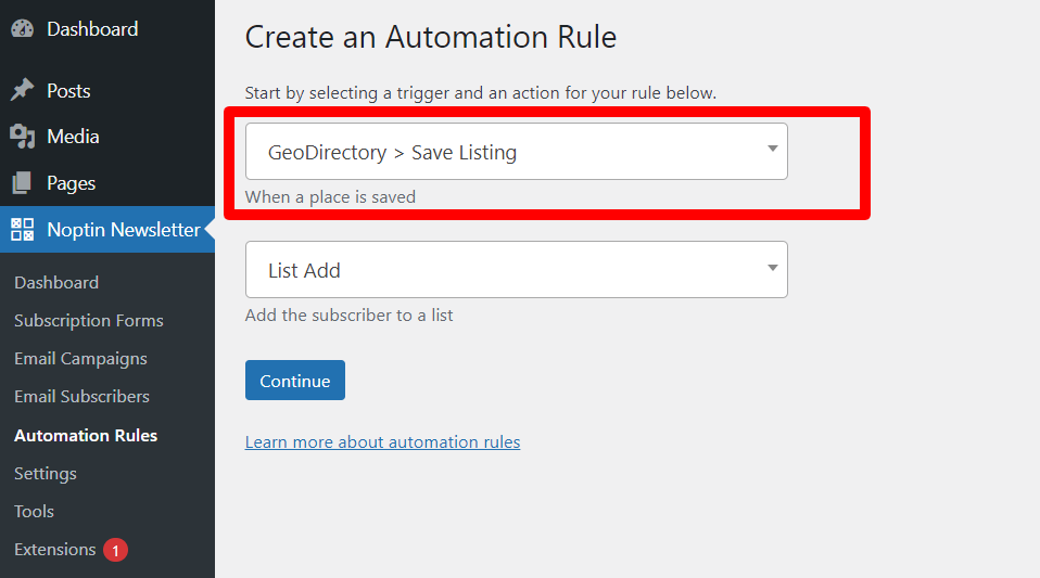 Create geodirectory listing automation rule
