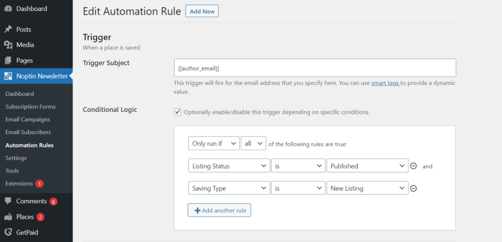 Edit geodirectory listing automation rule