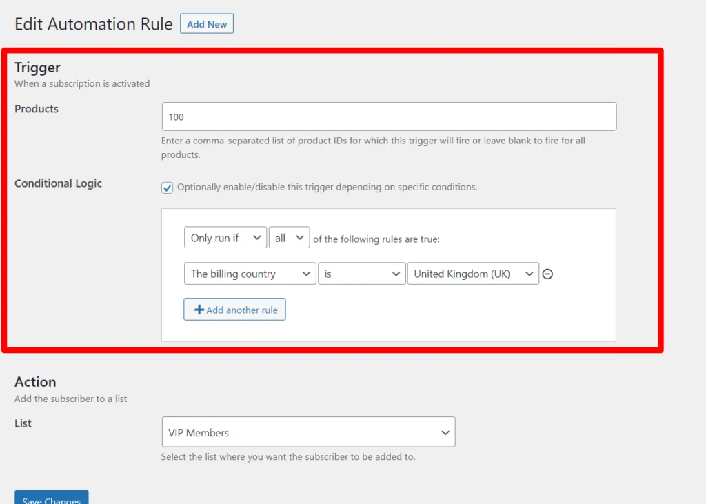 subscription activated sample rule