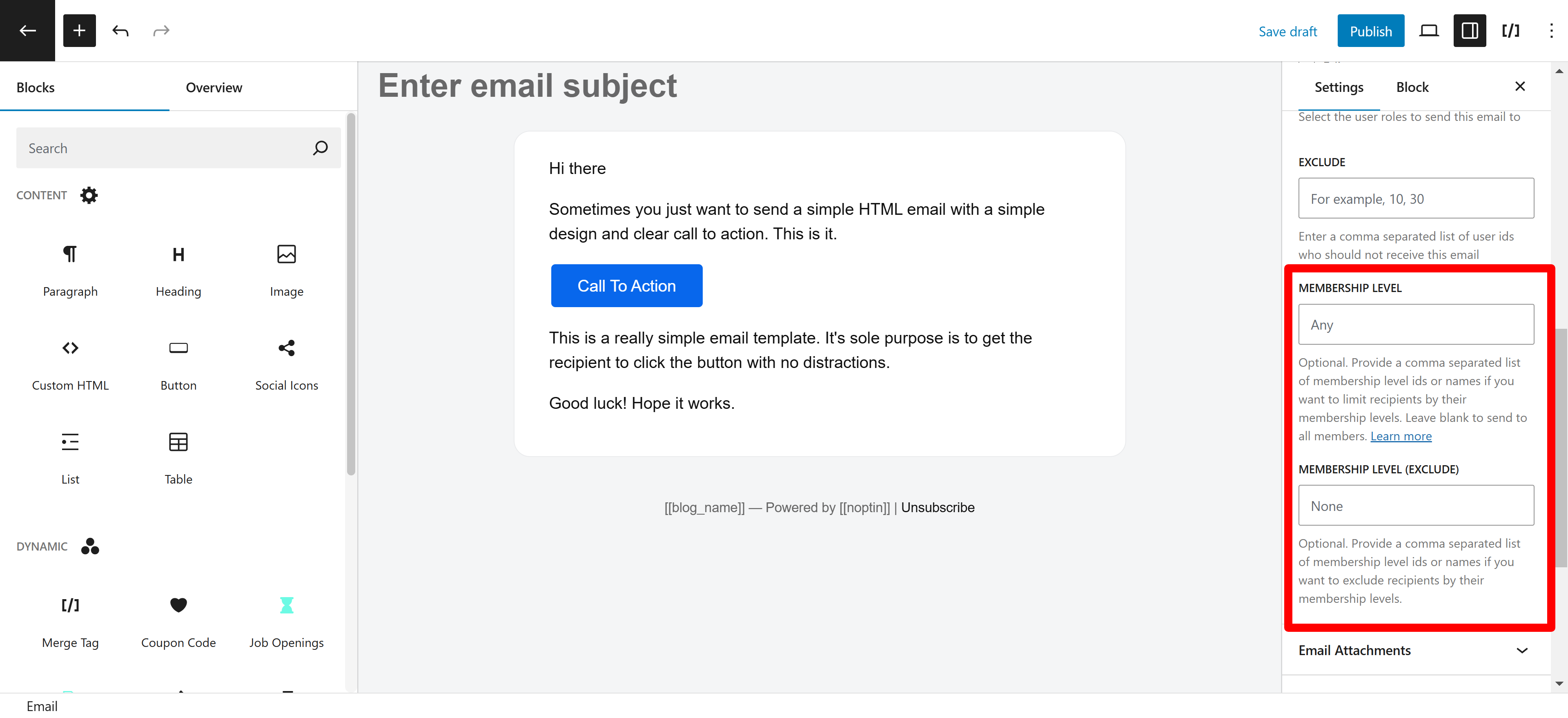 Limit email recipients by their membership levels