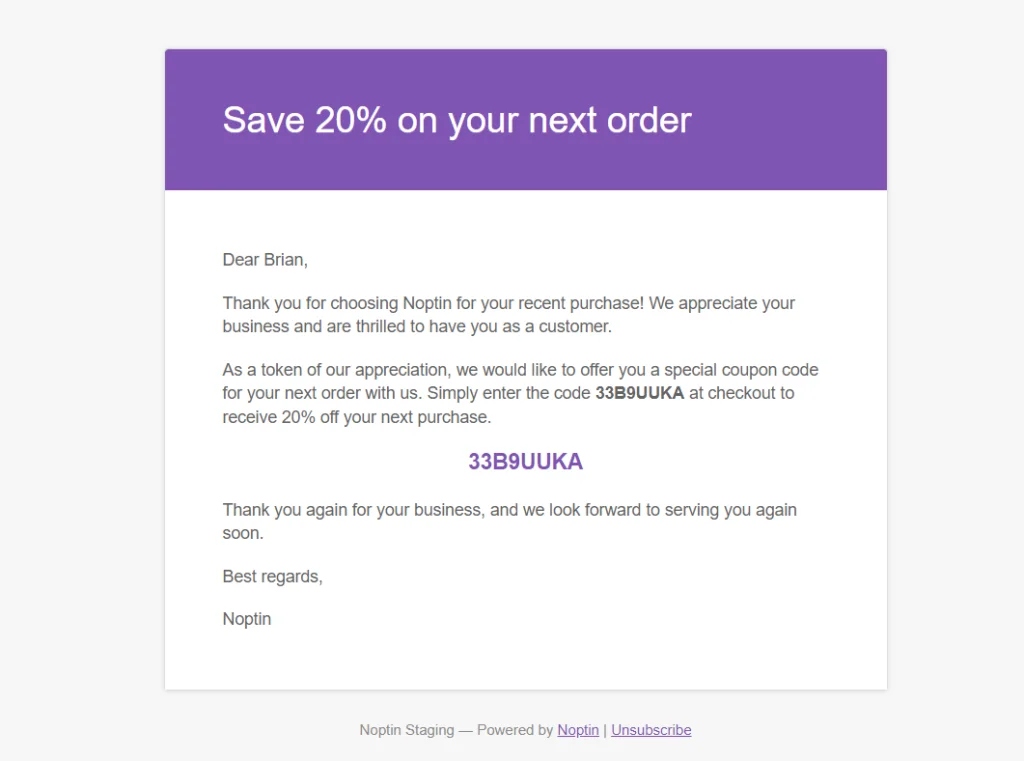 sample woocommerce next order coupon email