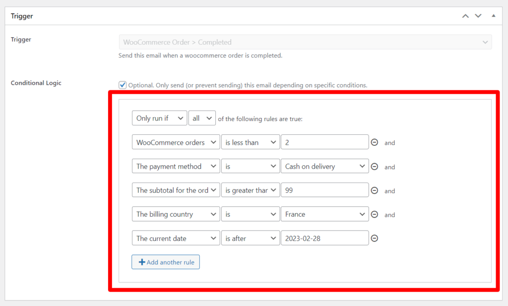 woocommerce order completed conditional logic