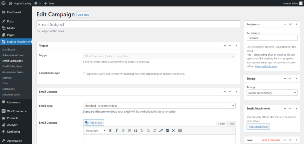 woocommerce order completed send email automation rule edit page