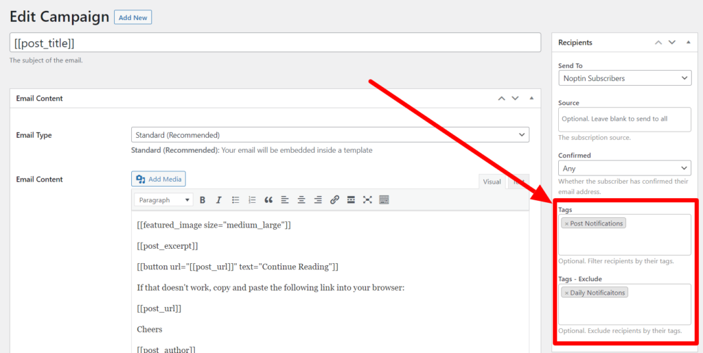 noptin filter email recipients by tags