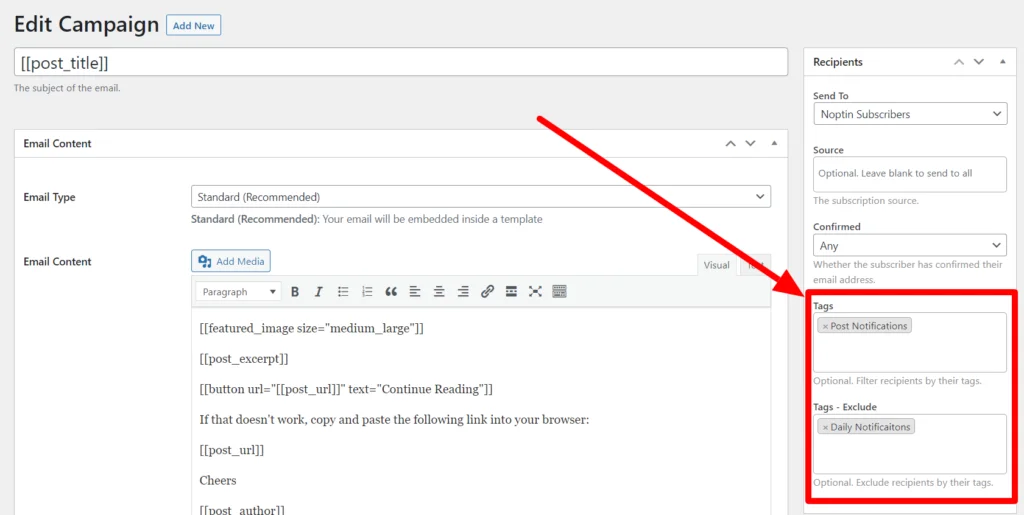 noptin filter email recipients by tags