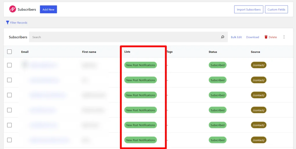 Subscribers filtered by list